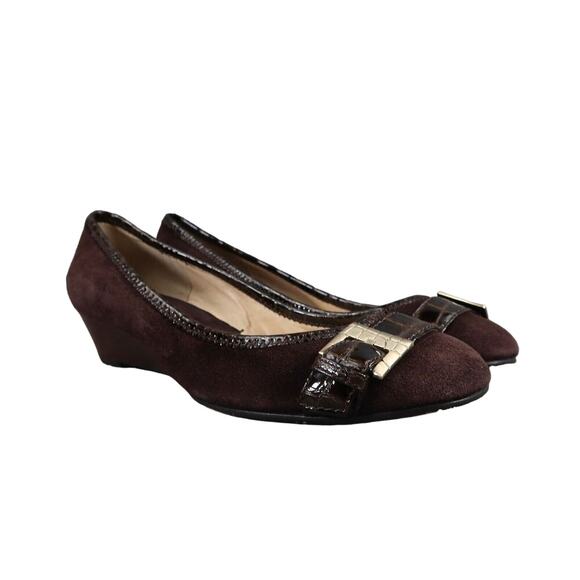 Michael Kors Shoes Women 8.5 Wedge Pump Leather Fashion Ballet Flat Brown Buckle - Picture 1 of 14